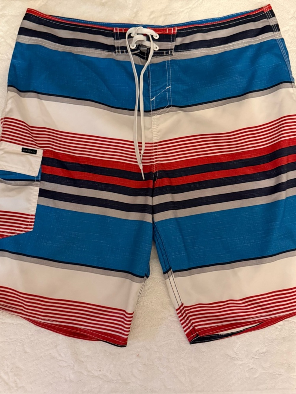 O'Neill Blue, Red & White Striped Swim Board Shorts
